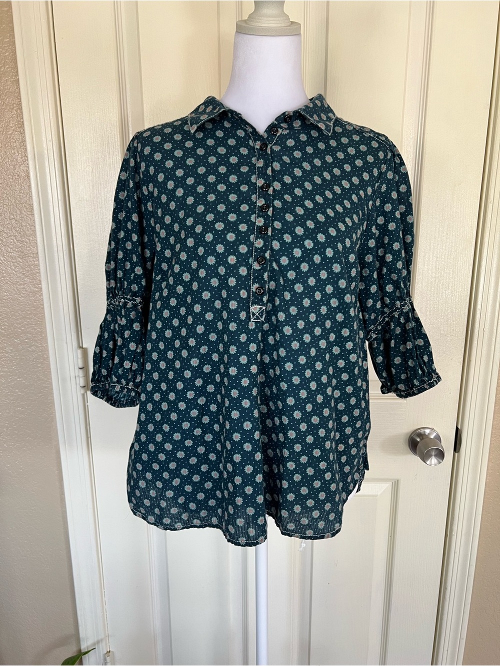 Pilcro Teal Floral Bell Sleeve Popover Prairie Blouse Women’s L